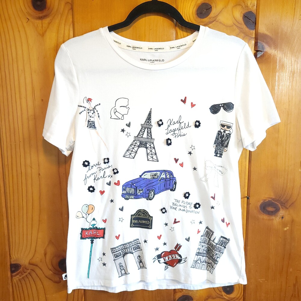 Karl Lagerfeld Paris small White Cotton Medium T-Shirt with Paris Graphic Print
